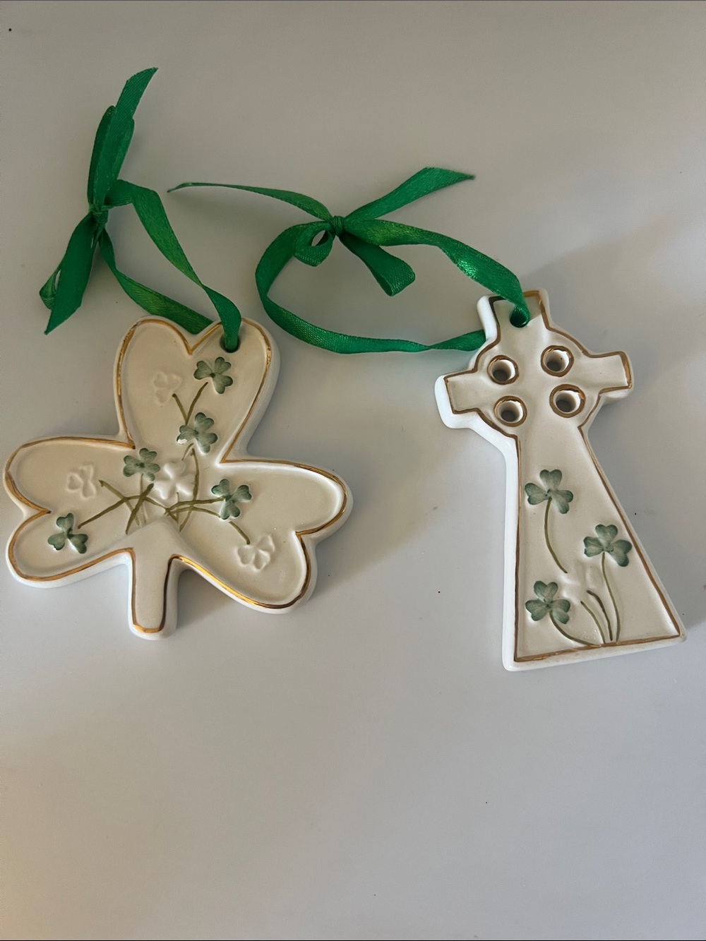 Watervale Irish Ceramic Shamrock and Celtic Cross Ornaments with Green Ribbons